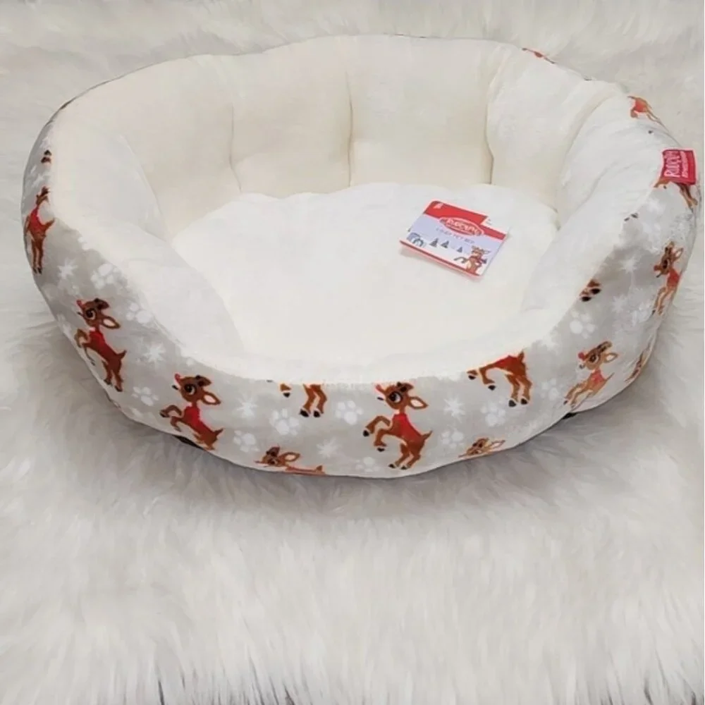 Offical Rudolph The Red Nosed Reindeer Pet Cat Dog Bed NWT Grey White Brown Red